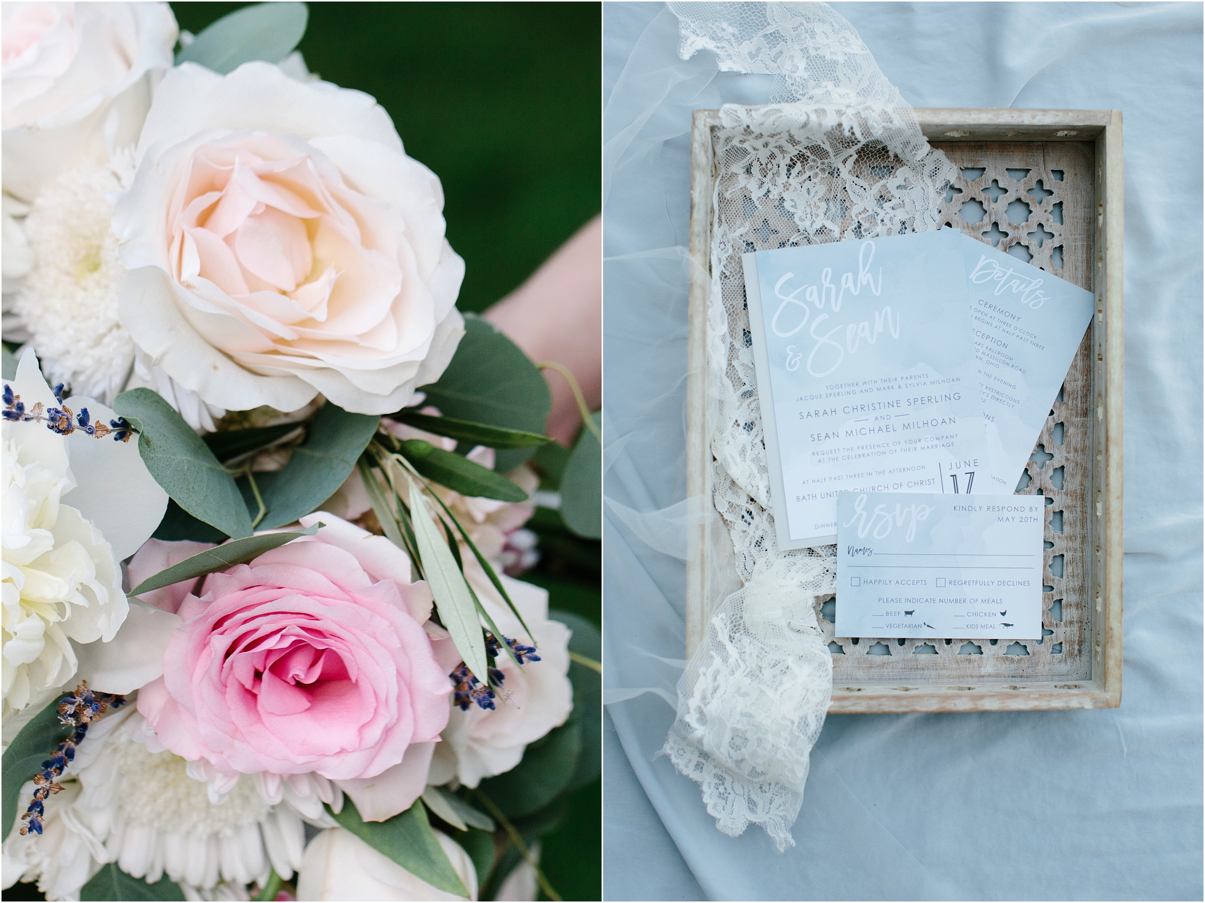 blue wedding invitations with pink floral