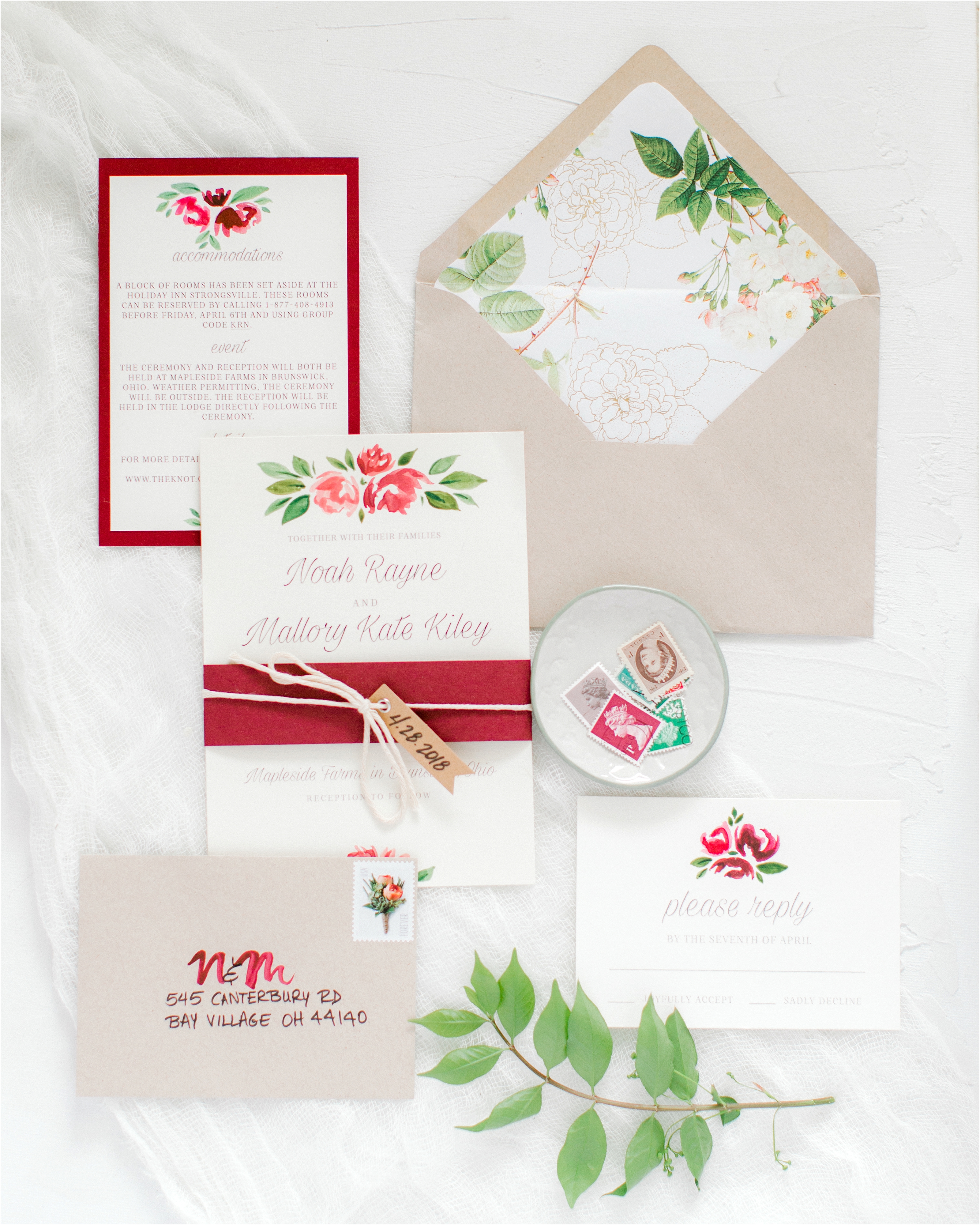 maroon and greenery invitation suite