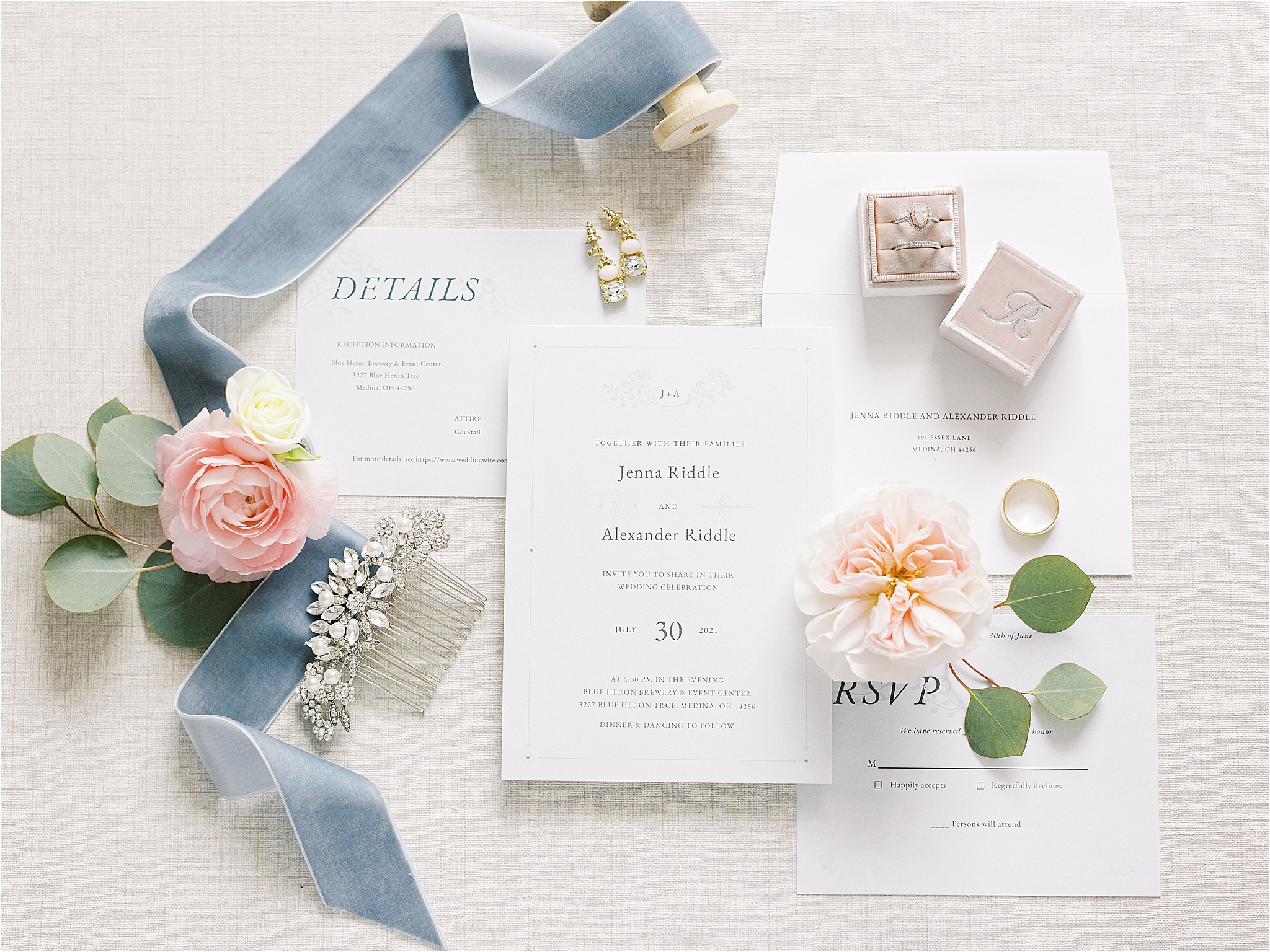 Zola blue and white wedding invitation 