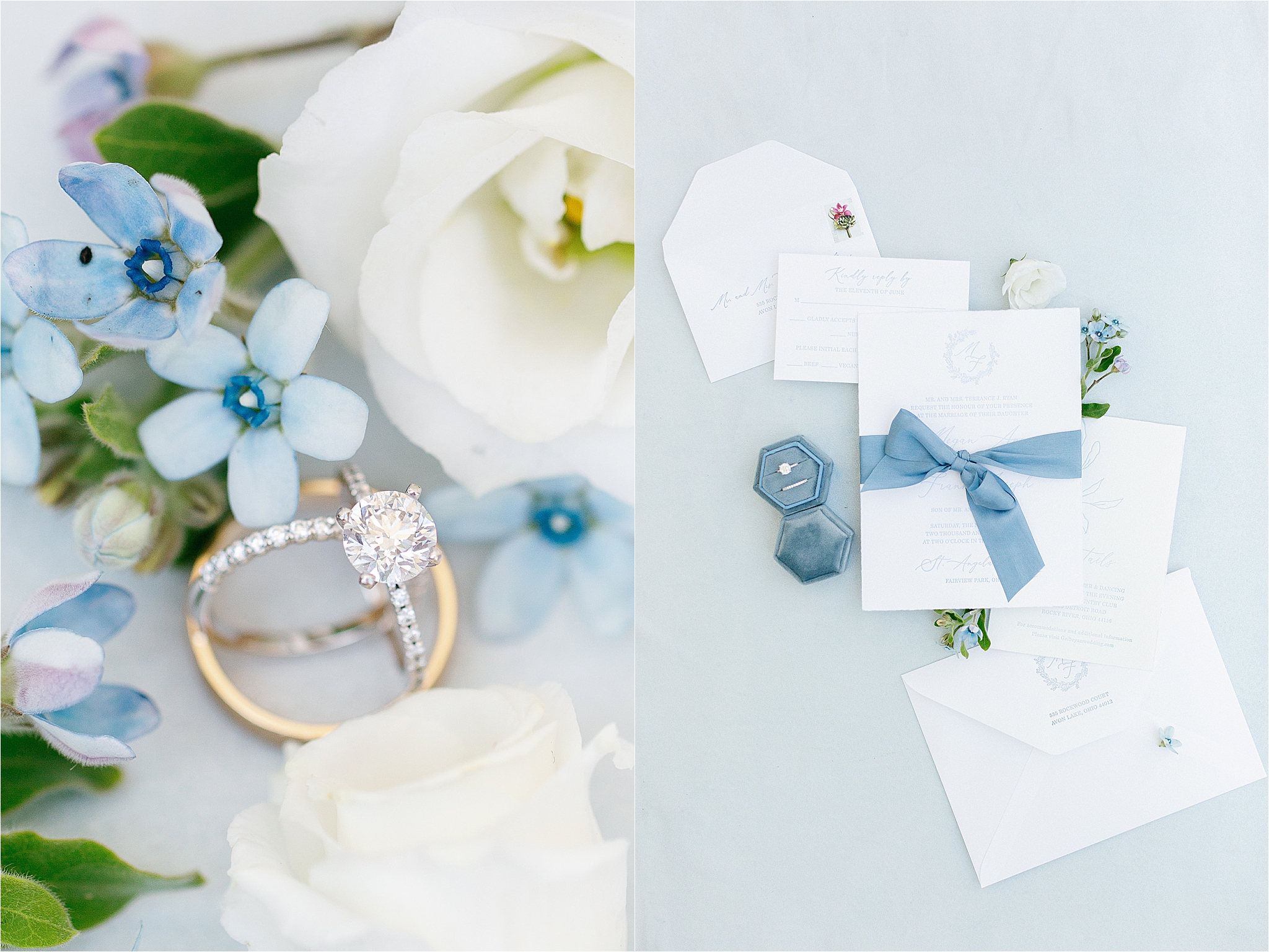 letterpressed blue and white wedding invitation